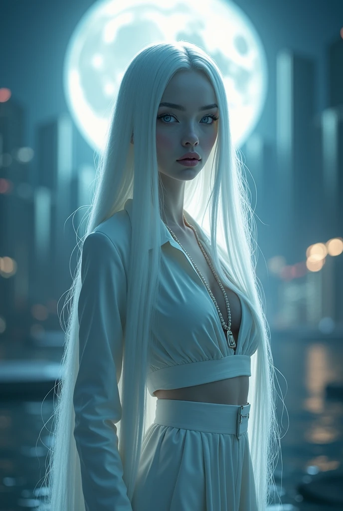 masterpiece, highest quality, (solo focus), (perfect face:1.1), (high detail:1.1),dramatic, 1guy, (pale skin), long white hair, white eyes, solo, long hair, moon, night, white luxury suit, covered navel, pouty lips, covered, futuristic city, detailed background, art by artgerm and greg rutkowski,  cinematic lighting,