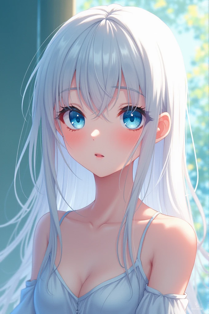 A cute anime woman with long white hair and blue eyes