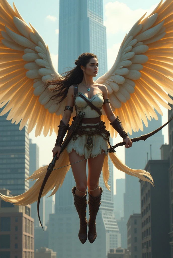 Her hair is black. Her hair is long, tied in a simple braid.
Her eyes are an intense blue, but with a silvery sheen.
Her skin is pale.
Wings combine the gold and white, as well as the twilight.

She floats in front of a skyscraper in leather battle armor, with a bow and arrow in her hand.