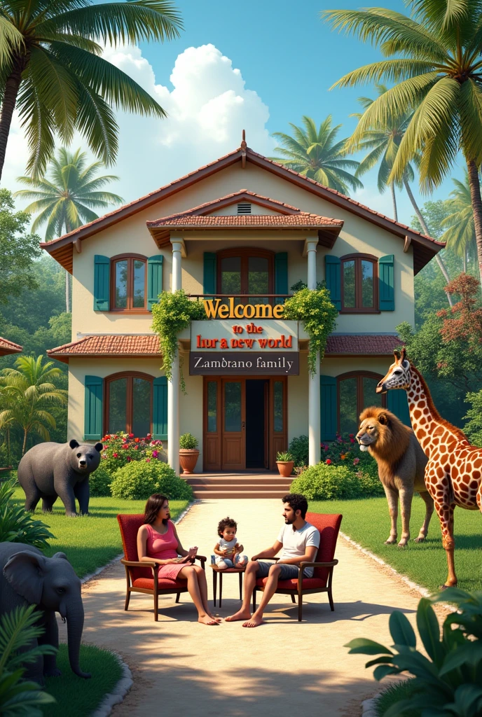 Realistic image of a beautiful big house in a paradise near the beach and with trees of all kinds of fruits and food with many animals of all kinds playing and living together in peace.. And outside the house sitting on chairs, a young father, a young mother and a daughter about 1 . and the house with a sign saying welcome to the new world Zambrano family. The house has to be realistic. With bears, lions, tigers, giraffes and elephants all in unity


