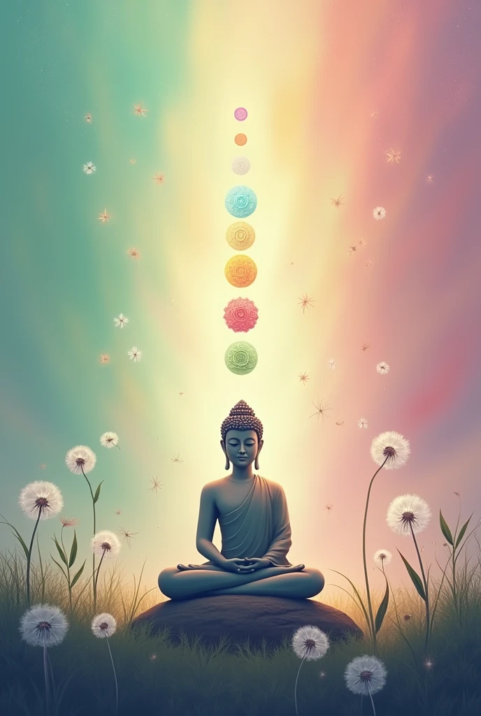 Une image zen . Couleur principal vert rose violet . Avec des fleurs de pissenlit qui volent . Et Les 7 chakras . Bouddha plan principal. Relaxation