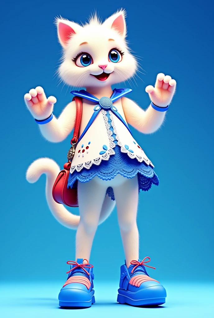 plush very fluffy cat, White wool, like a stoat, Stands on its hind legs, in a dark blue lace dress,blue shoes, red bag, blue doll eyes with big eyelashes, smiles with open mouth, speaks, moves his paws, spreading out the sides, 3D стиль, 8k , 4K, HD, clean background, style, I guess, votive