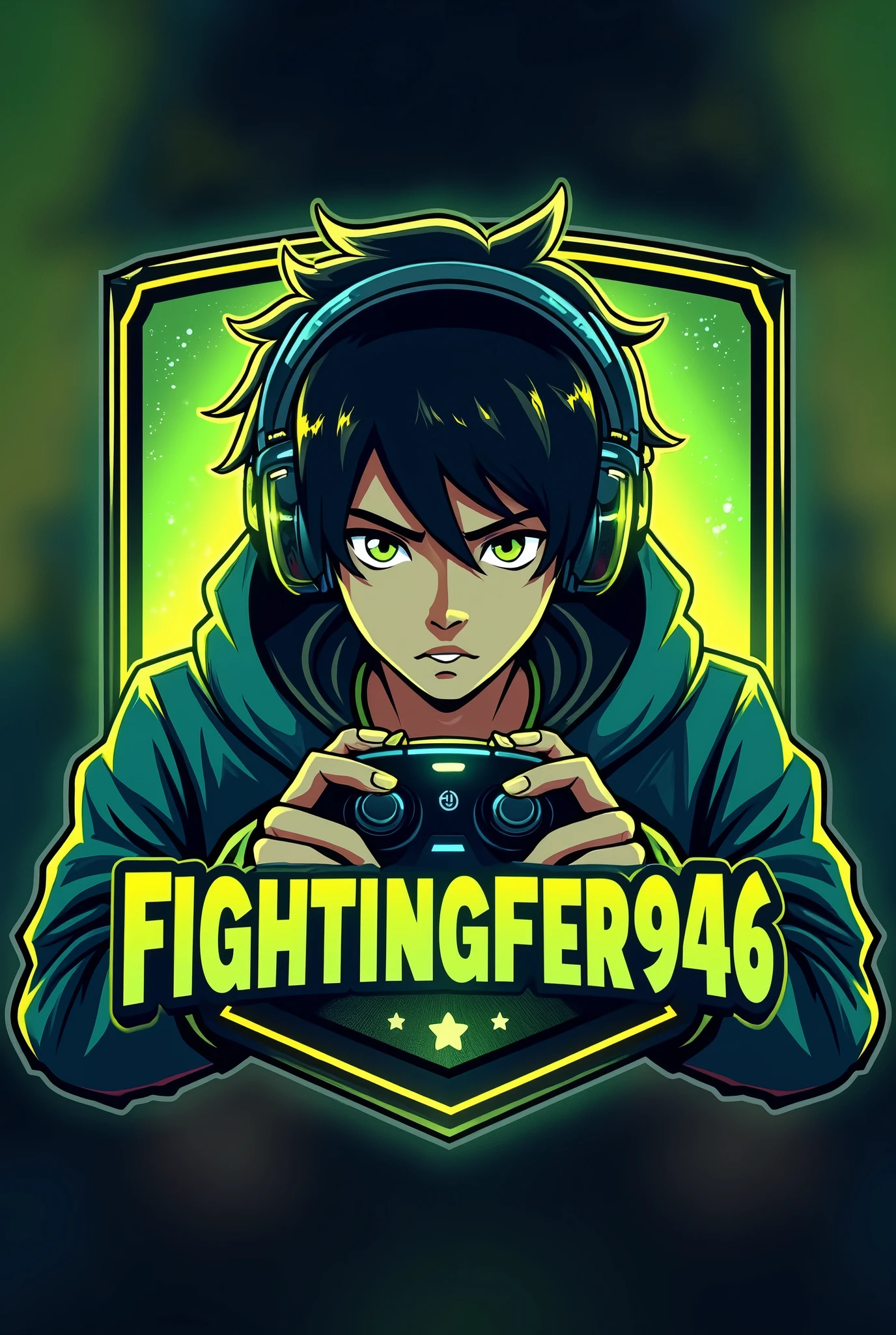 This is a gaming logo that features the name "@fightingfier946" in a futuristic font and a neon Golden green. and Boy Anime avtar, The logo also has a stylized controller icon. The logo is designed to be attractive and eye-catching, and to appeal to gaming enthusiasts and