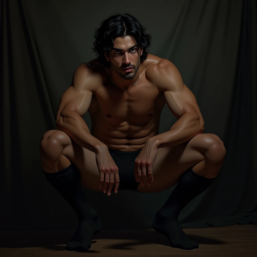 sexy masculine art, a 30 year old iranian attractive fit male vampire, wearing black underwear and black transparent sheer socks, squatting down, big bulge