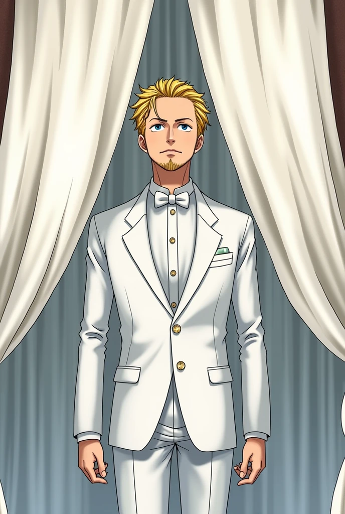 Create a One Piece character in Sanji fanart, a man with blue eyes, "blonde hair on the right side", his face with a beard and a little mustache, with swirly eyebrows, Elegant white wedding suit and blushing with a curtain on her head, with eyes closed, entering the altar. Animation by Toei Animation.