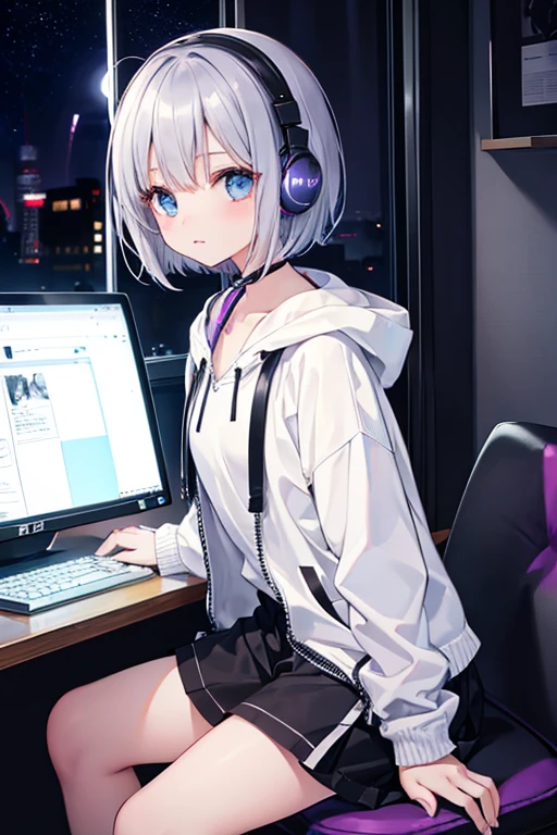 Girl wearing headphones、night、moonlight、Dark Room、Control your computer、Listening to music、Oblique angle、Silver Short Bob、
