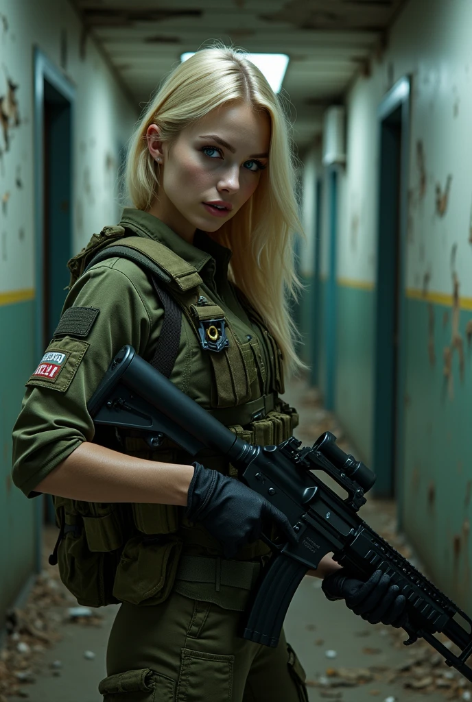 (best quality, photorealistic, ultra detailed) A girl in a corridor of an abandoned hospital, she wears military pants with black equipment, and on top a black military tank top with equipment, she holds in her hands a black shotgun, blonde hair, blue eyes, beauty, front view, closeup portrait