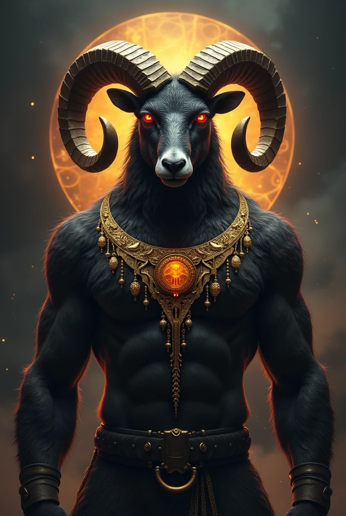 Aries with a gold necklace, with dark fur and bright red eyes