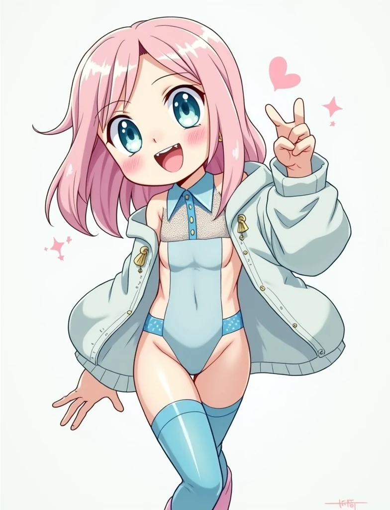 An 1 girl, ANIME STYLE BOKU NO HERO ACADEMY, Her clothes are very revealing, peachy pink eyes, pastel pink hair, short with a cloudy tone, some pink boots, She has pink cheeks just like her lips