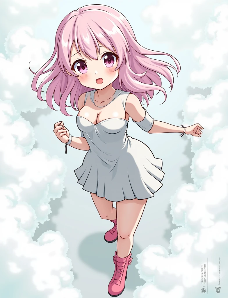 An 1 girl, ANIME STYLE BOKU NO HERO ACADEMY, Her clothes are very revealing, peachy pink eyes, pastel pink hair, short with a cloudy tone, some pink boots, She has pink cheeks just like her lips