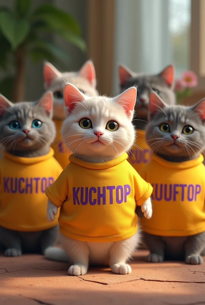Several cats with yellow t-shirts and purple letters kuchotop