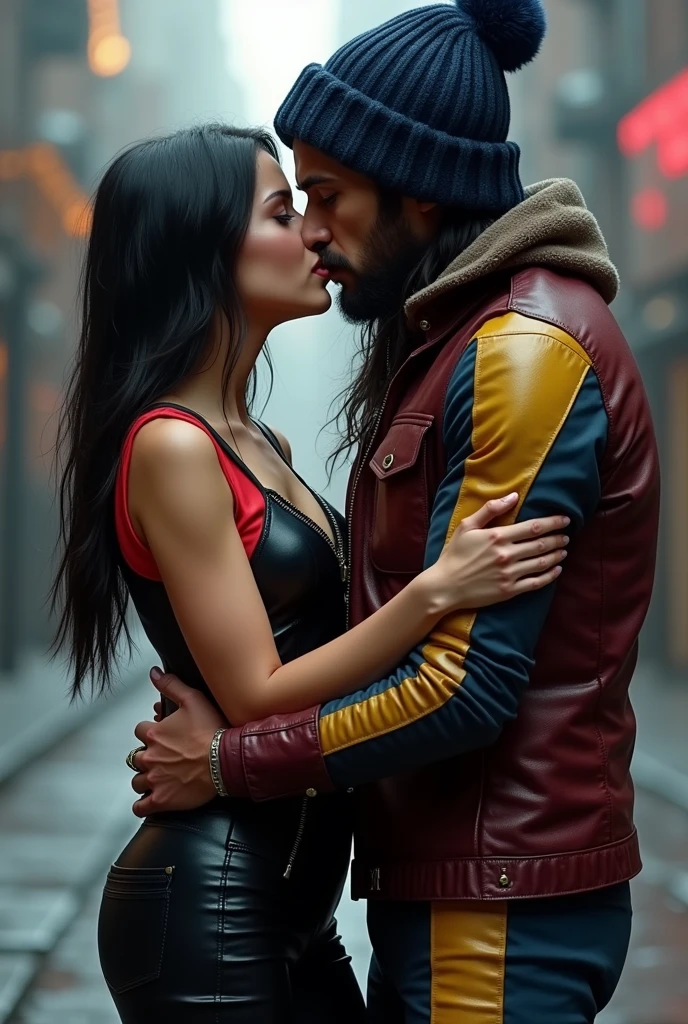 Create an image where a short, slim girl with wide hips dressed in a black and red leather jumpsuit has black straight hair down to her shoulders, is kissing a boy who is wearing a winter hat without a pompom, is much taller and muscular, dressed in a leather outfit in burgundy, blue and yellow, the guy is without facial hair and the hat should be dark blue and his hair should reach his chest.
The girl has shoulder-length hair and the boy has NO FACIAL HAIR