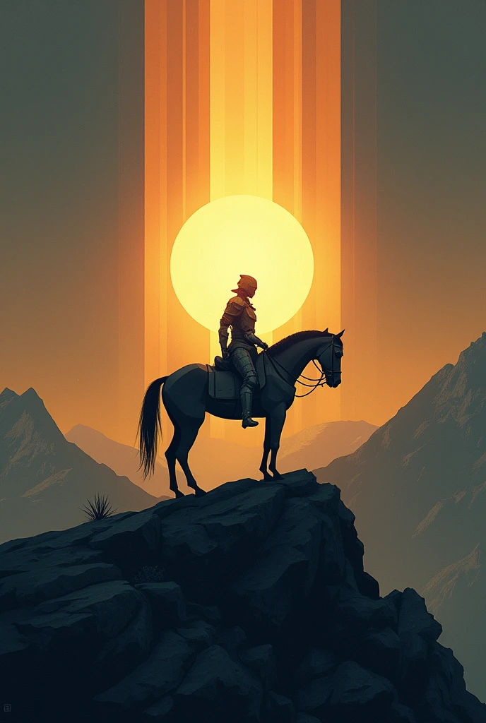 a dark yellow sun with geometric rays and in front, a geometric knight on a mountain with his horse