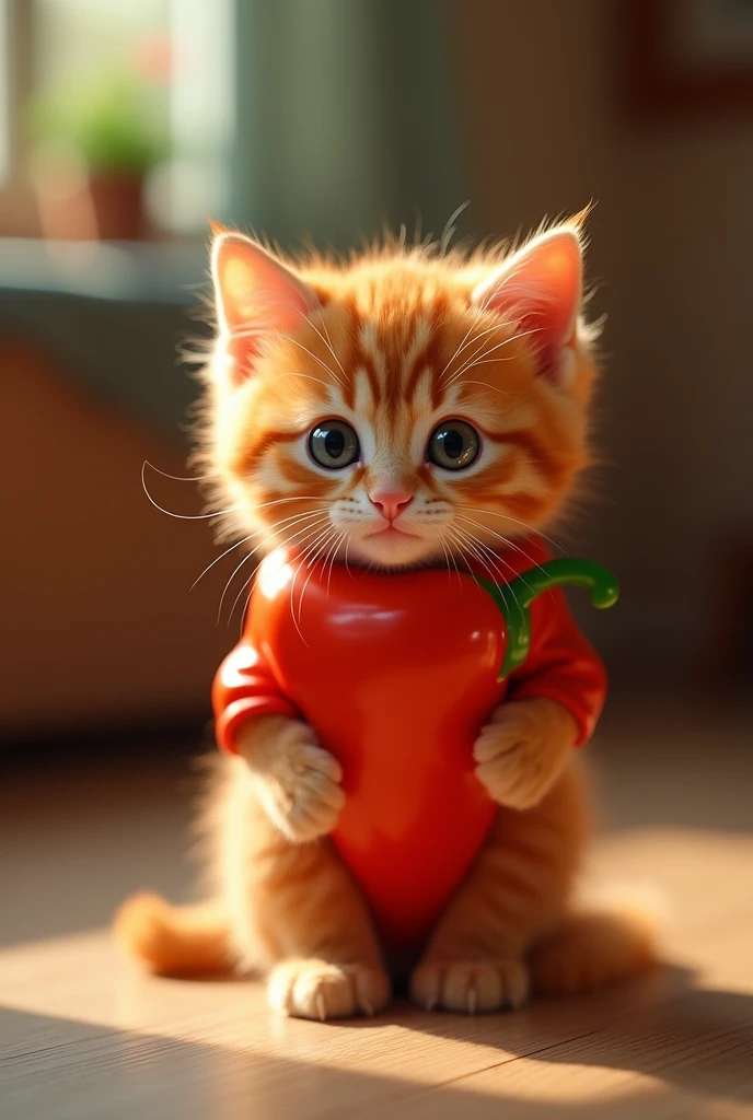 An orange kitten, wearing a habanero chili costume.