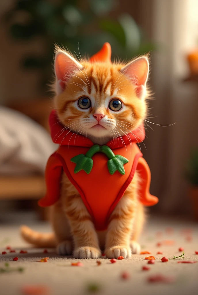 An orange kitten, wearing a habanero chili costume.