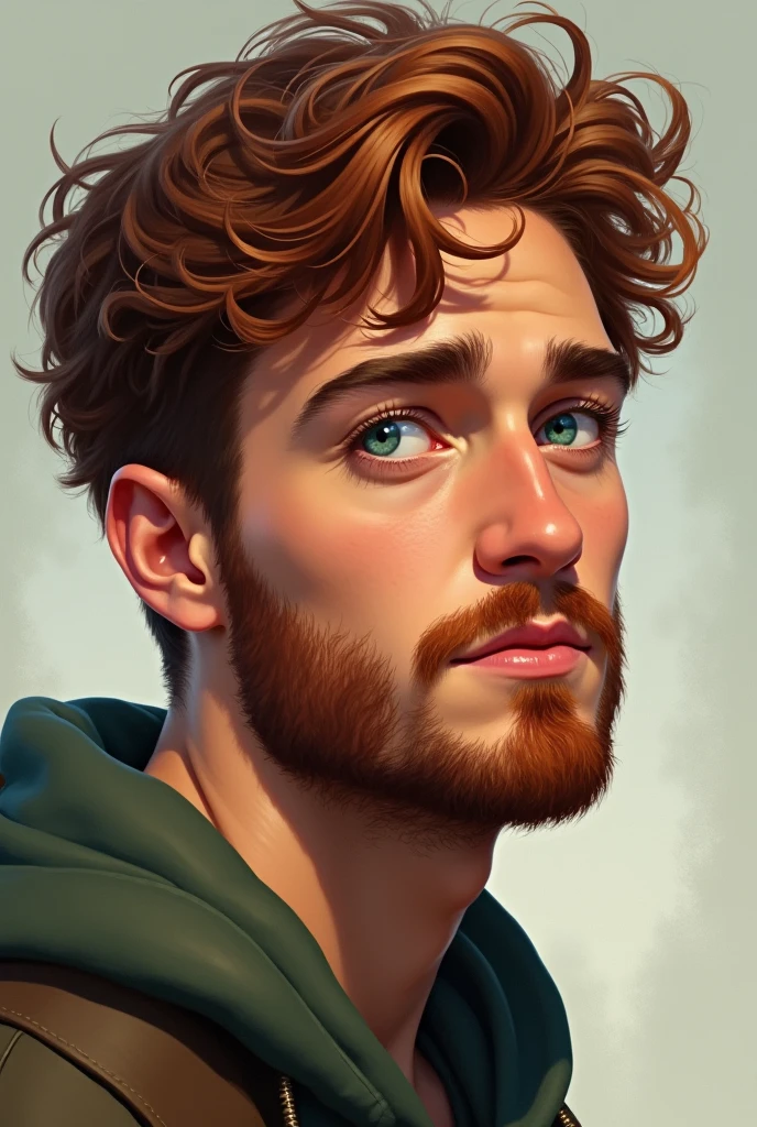 Young man short curly ref hair, beard collar and blue green eyes