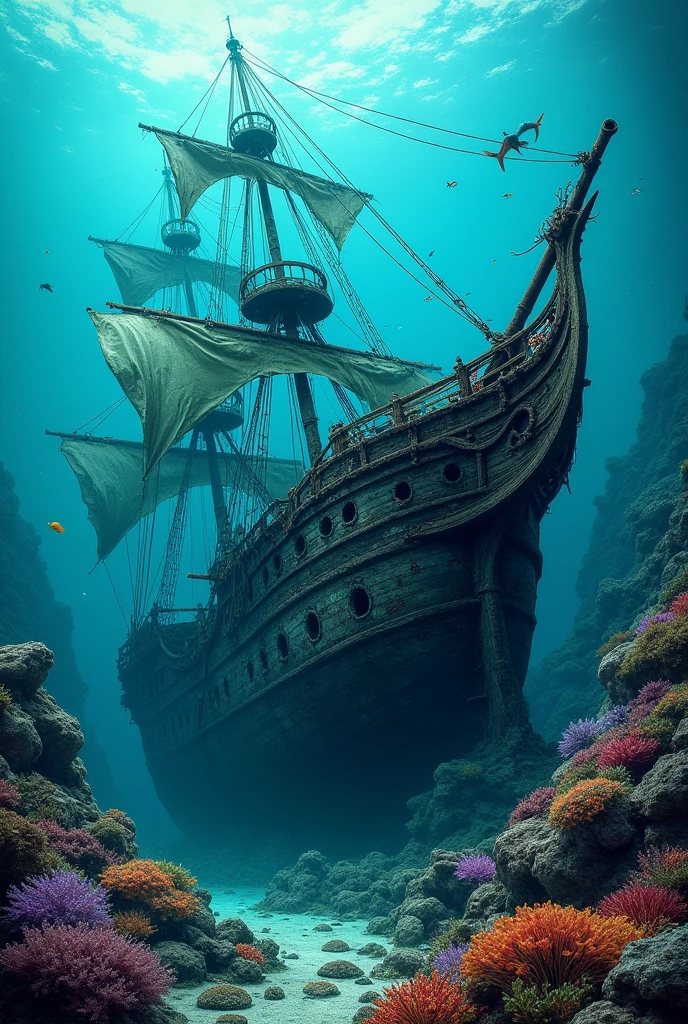 old spanish galleon ship sunken at the bottom of the sea with reefs and corals and fish and treasures and sharks in horizontal format