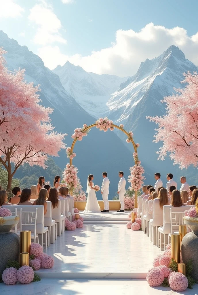 generate an image of destination wedding with a beautiful white and gold setup with mountains behind and cherry blossom trees followed by a beautiful sky