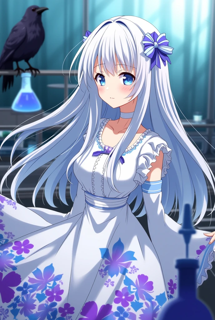 Screenshot of Kimetsu no Yaiba with a woman with straight hair and a bow in her hair with light blue highlights wearing a white dress with purple and blue flowers with some chemicals and a crow