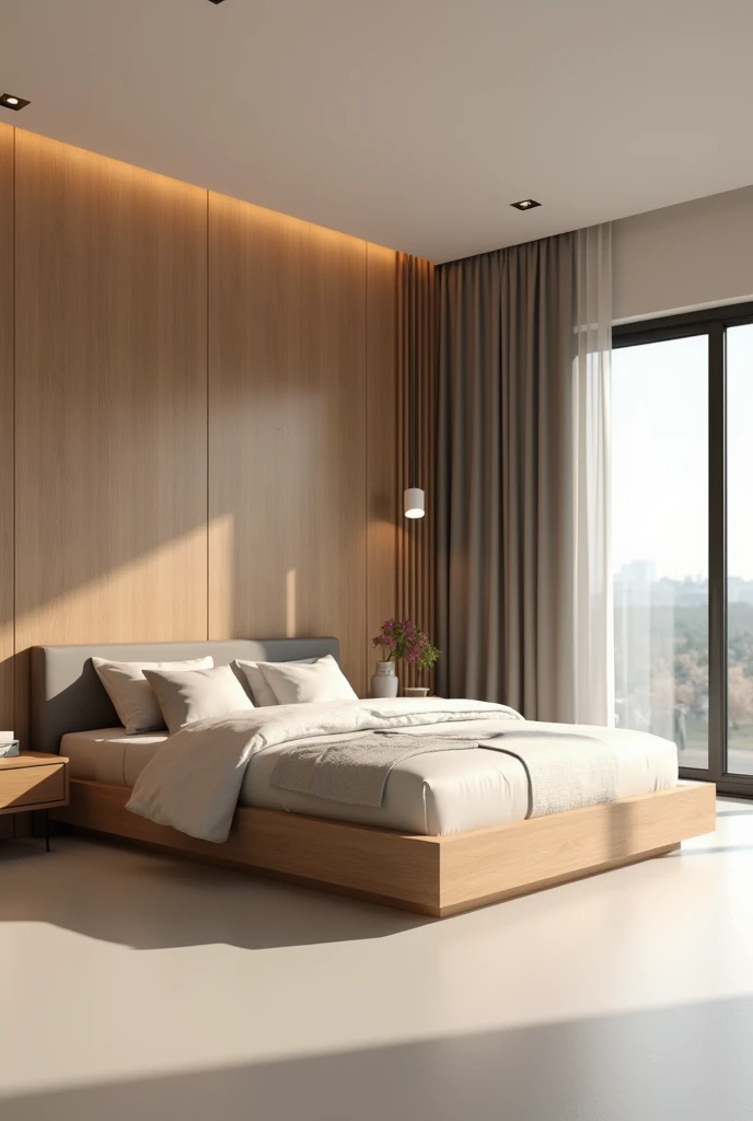 Modern youth room ,box bed s, super realistic render vray, minimalist washer ,wide perspective , lateral view , matte floor , natural freijo wood headboard panel , luxury, Cinematic Soft Vray, high quality rendering, render vray, Smooth, studio-quality rendering, vray 8k rendering, very realistic 3D rendering, render in vray, very realistic render