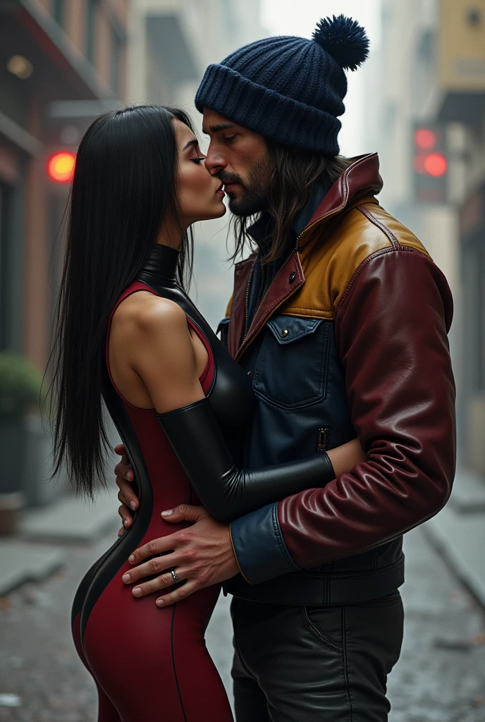 Create an image where a short, slim girl with wide hips dressed in a black and red leather jumpsuit has black straight hair down to her shoulders, is kissing a boy who is wearing a winter hat without a pompom, is much taller and muscular, dressed in a leather outfit in burgundy, blue and yellow, the guy is without facial hair and the hat should be dark blue and his hair should reach his chest.
The girl has shoulder-length hair and the boy has NO FACIAL HAIR