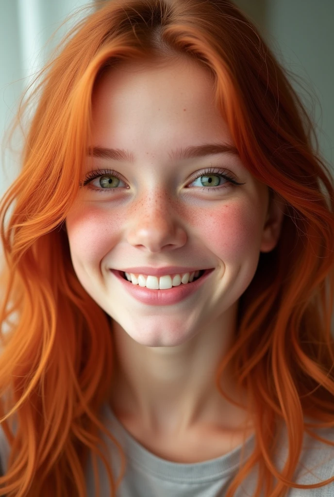 a red-haired age girl with dark green eyes smiling