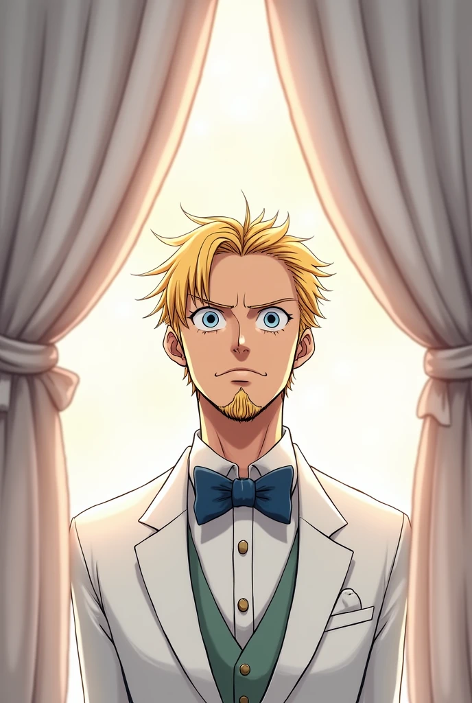 Create a One Piece character in Sanji fanart, a man with blue eyes, "blonde hair on the right side", his face with a beard and a little mustache, with swirly eyebrows, Elegant white wedding suit and blushing with a curtain on her head, with eyes closed, entering the altar. Animation by Toei Animation. 