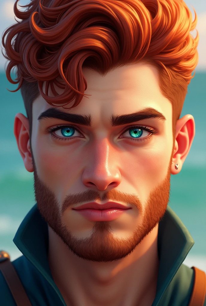 Young man short curly red hair, beard collar and blue green eyes