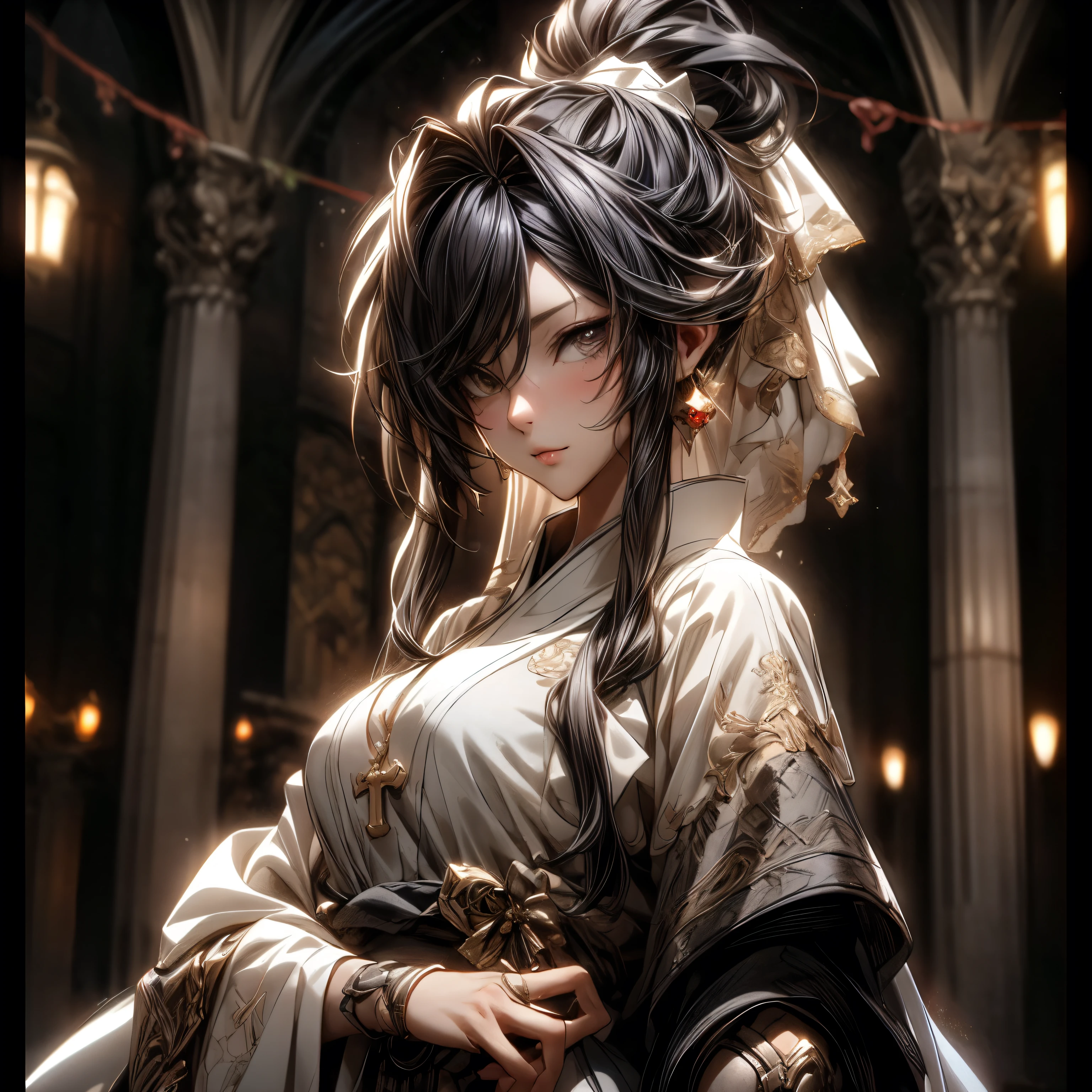 (best quality)), ((Masterpiece)), (details:1.4), 3d, HDR (high dynamic range), mature woman, fantasy, Ash Gray hair, Highi ponytail, Beautiful white eyes, จมูกโด่ง, ปากแดง, หน้าอกใหญ่, nvidia RTX, PBR surface, After processing, Anisotropic filtration,depth of field, Maximum clarity and clarity, multi-layered surface, Subsurface scattering, perfect proportions, 8K raw files, ultra detailed, Perfect proportions, volumetric lighting, soft lighting, Holy Paladin, Heavy Black Armor, glossy skin, intricate silver embroidery, chapel background, jewely, ต่างหู, นิ้วมือสมบูรณ์, คุกเข่า