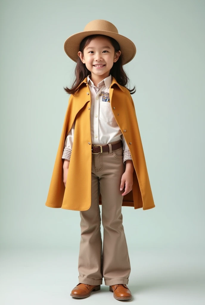 A preppy kid costume for girls aged 6 year that includes boot cut flared pants with a cape reaching waist. The cape is front closed and has armholes and does not go down waist