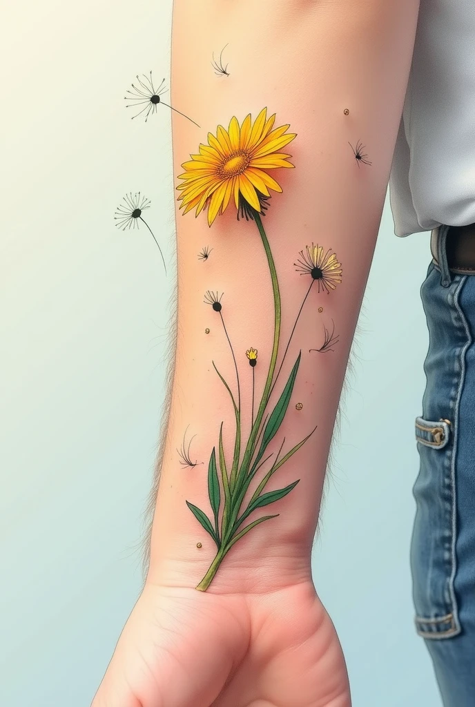 A dandelion flower tattoo, with fine and realistic details, starting on the wrist. Some petals of the flower are delicately detached, floating away as if carried by the wind towards the hand. The entire composition is rendered in a watercolor style, with bright and shaded colors. The colors should be bright. The design should symbolize the deep bond between father and daughter.