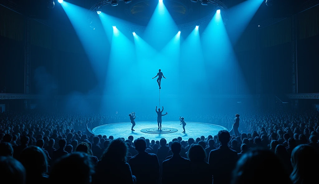 design dark cinematic circus pic with blue touch with huge crowd of people, acrobats and circus written in above camp with subtitle heading 'a journey through time'