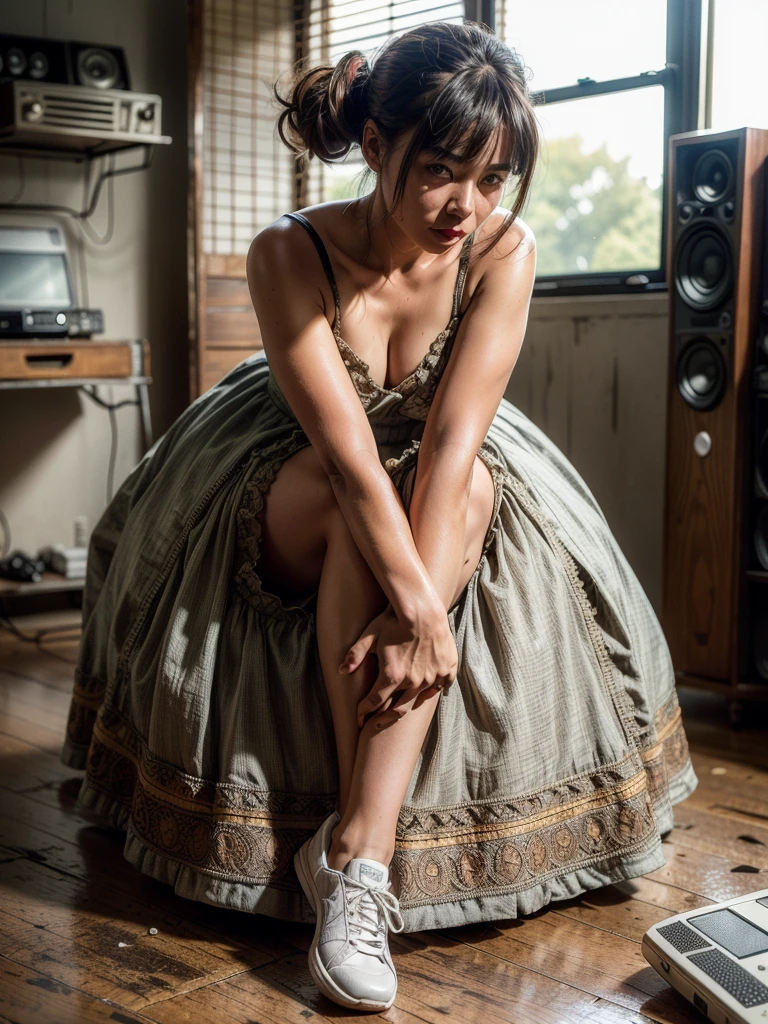 (angle from below:1.3), (wide photo shot:1.3), (High quality photo:1.5), 1women, a sweet japanese idol women with a warm expression (in messy room with pile of old radios walls:1.4), (in beauty lace slipdress:1.1), (open legs:0.8), sneakers, (pretty chubby:0.7), 90s hairstyle with bangs, (natural sunlight:1.3), (standing pose:1.2), looking viewer, (anatomically correct:1.2), (poetic photo style:1.3), (realistic object:1.3), (ultra highly detailed:1.2), (detailed face and eyes:1.3), real skin, (sunlight and shadow:1.3), (sharp focus:1.2), shot by mamiya R67, kodacrhome, dynamic composition, Accurate