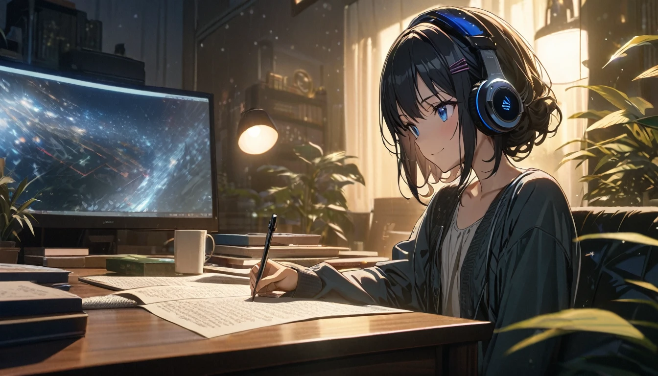 one girl, black short hair and bob hair, I tied my hair in a bun with a hair clip..、smile、beautiful blue eyes, gentle smile on her face、flat chest, one Beautiful girl,((masterpiece, illustration, best quality) ((ultra-detailed)),rainy night, a girl studying while listening to music with headphones, the night view is very beautiful with beautiful candle on her table. there are plants in the background, a beautiful night view with books and plants in the background with coffee on the desk,, 濃い青とBeautiful Blueのグラデーション, High resolution, 8K HD detail, hyper-detail, cinematic, surrealism, soft light, deep field focus bokeh, ray tracing and surrealism. --v6