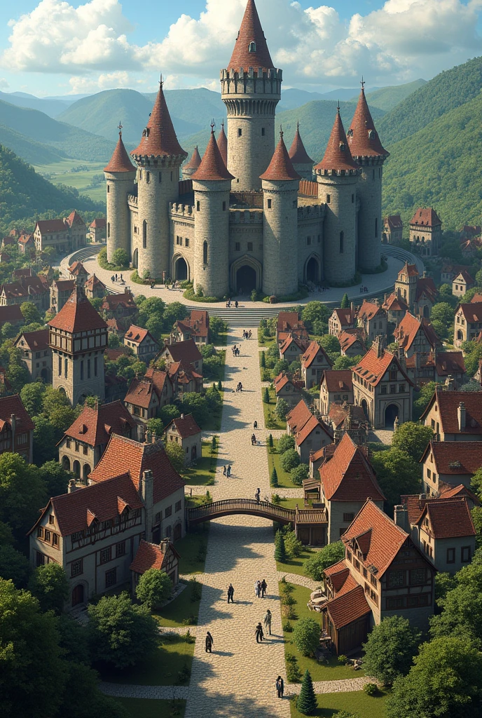 Large size Medieval fantasy town, a wall around it, with a fort in the middle