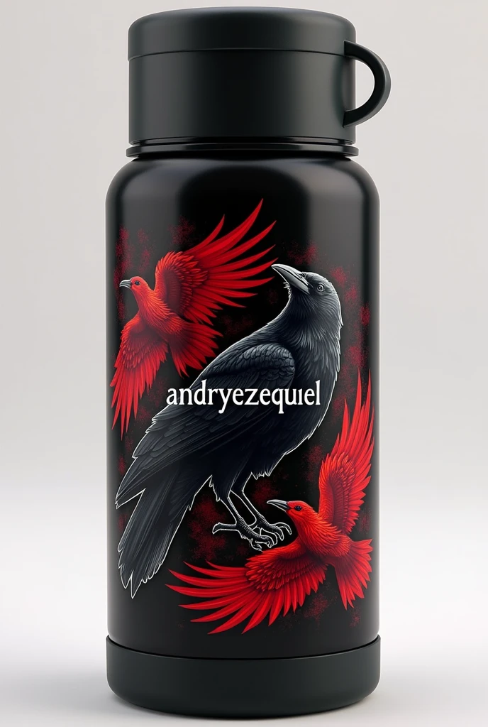 Create a personalized thermos with a black design and that has the name Andryezequiel and drawings of red and black crows