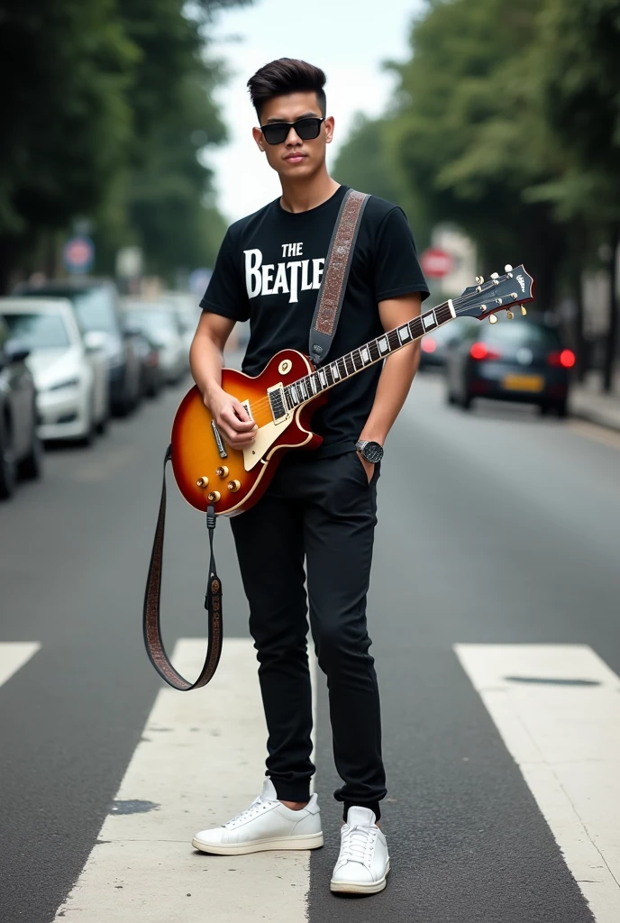 an Indonesian young man posing as a model. sunglasses with electric guitar. This is a 1959 Gibson Les Paul. The guy got a fade treatment at the hairdresser so his hair is done very well. . He dressed classy but not too much.. A black Beatles band t-shirt with fitted trousers. white sneakers. at the abbey road zebra crossing.