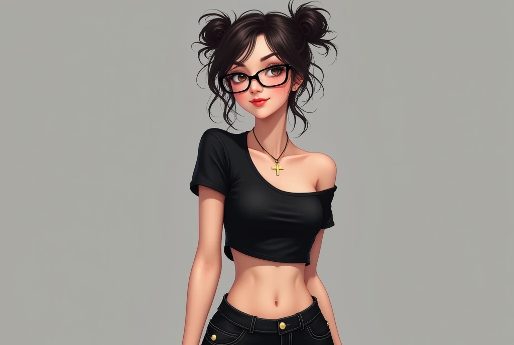 1 cute girl (1) glasses, upper body, Thin waist, small breast, sexy pose, mischievous face, smooth, Random hairstyle, rift, navel, shirt collar, shirt collarbone, open shoulder, seductive smile, Wear sexy and sexy outfits with exquisite details., Black t-shirt and hot skirt. Flat gray for background