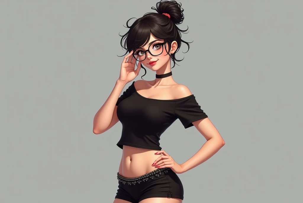1 cute girl (1) glasses, upper body, Thin waist, small breast, sexy pose, mischievous face, smooth, Random hairstyle, rift, navel, shirt collar, shirt collarbone, open shoulder, seductive smile, Wear sexy and sexy outfits with exquisite details., Black t-shirt and hot skirt. Flat gray for background