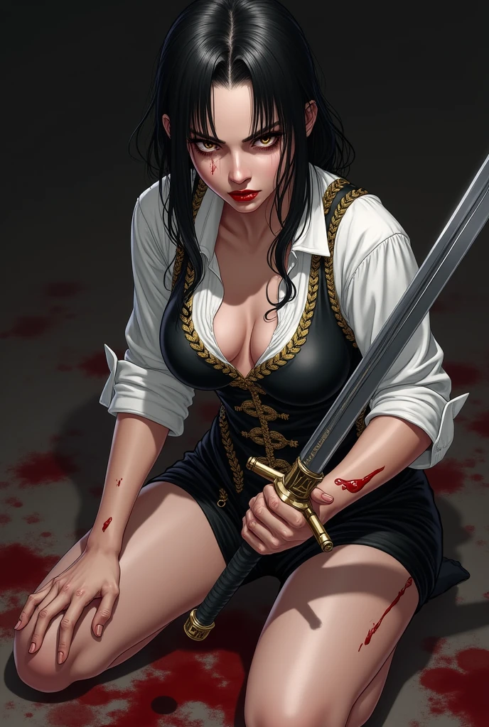 The image is a detailed illustration of an extremely beautiful woman with a fierce and determined appearance.. she has black hair, that is partially stuck back, com algumas mechas caindo sobre seu rosto. Her expression is intense, with furrowed eyebrows and staring straight ahead, conveying a sense of focus and determination.
She wears a white long-sleeved blouse, with the sleeves rolled up to the elbows. About the blouse, wears a black bodice with gold embroidery representing a snake, suggesting a connection with themes of power or mystery. The lower part of your clothes is not fully visible, but she appears to be kneeling or leaning forward.
In your right hand, she holds a long, shining sword, pointed down. The sword has a simple yet elegant design, with a silver handle. In the left hand, she holds the hilt of the sword firmly, which suggests that she is ready to fight. There are blood stains on your arms, face and clothes, indicating that she has just come out of a battle or confrontation. The background is dark and without details., further highlighting the central figure of the woman and the intensity of her expression.