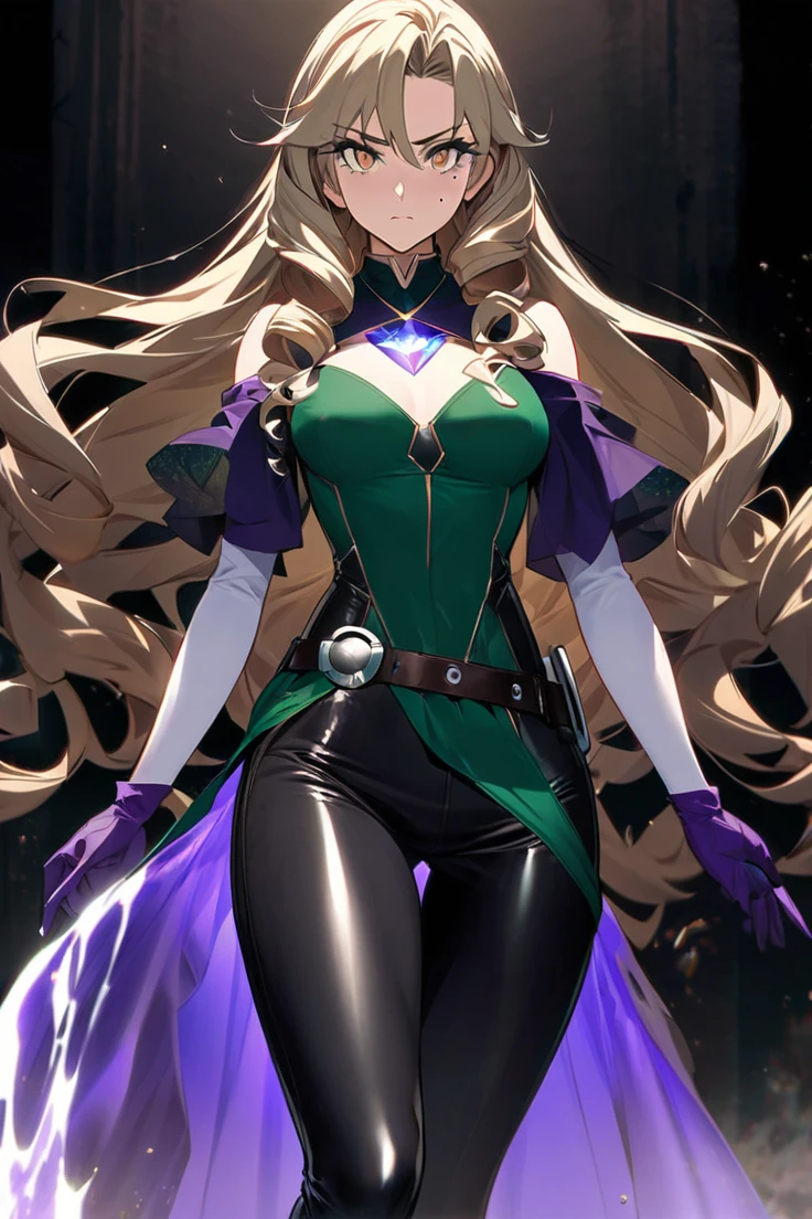Artwork, highest quallity, アニメ. Goblin Slayer art style, high resolution,
A tall woman, 30 years of striking beauty, her delicate features contrast with the fierce look that conveys determination. Her slim and athletic body. Rigid posture and a harsh, serious look.
Your long hair, cor do chocolate, with curly locks, hypdertailed. a small mole on the cheek of the face. light brown eyes that shine with ferocity. Straight eyebrows intensify your expression, while her thick eyelashes intimidate.
wearing practical clothes, wears a shirt with flowing sleeves, loose and fluid, in the dark green color. Your wide leather belt, with a metal circle buckle, provides support and style at the same time. Tight pants made of dark fabric allow freedom of movement, while reinforced leather boots ensure stability and grip during combat. To protect your agile, thin hands, she wears purple ??? gloves. The background is a waterfall of crystal clear water shining, the irises of her eyes are triangles.