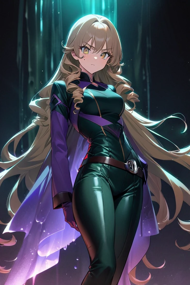 Artwork, highest quallity, アニメ. Goblin Slayer art style, high resolution,
A tall woman, 30 years of striking beauty, her delicate features contrast with the fierce look that conveys determination. Her slim and athletic body. Rigid posture and a harsh, serious look.
Your long hair, cor do chocolate, with curly locks, hypdertailed. a small mole on the cheek of the face. light brown eyes that shine with ferocity. Straight eyebrows intensify your expression, while her thick eyelashes intimidate.
wearing practical clothes, wears a shirt with flowing sleeves, loose and fluid, in the dark green color. Your wide leather belt, with a metal circle buckle, provides support and style at the same time. Tight pants made of dark fabric allow freedom of movement, while reinforced leather boots ensure stability and grip during combat. To protect your agile, thin hands, she wears purple ??? gloves. The background is a waterfall of crystal clear water shining, the irises of her eyes are triangles.