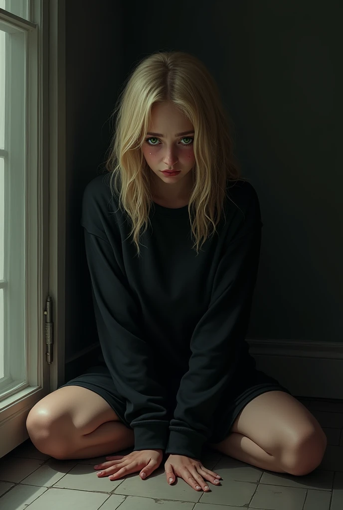 Realistic drawing of a 1 man, sitting on the floor of his room and leaning against the dark wall, green eyed blonde, with a black sweatshirt, with dark circles, struck, with tears in her eyes, sad