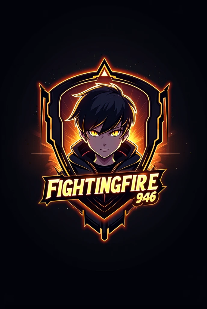This is a gaming logo that features the name "fightingFire946" in a futuristic font and a neon Golden color. and Boy Anime avtar, The logo also has a stylized controller icon. The logo is designed to be attractive and eye-catching, and to appeal to gaming enthusiasts and