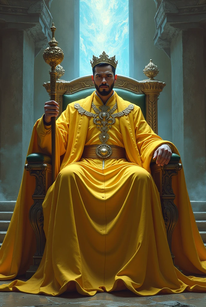 a man dressed as a sorcerer, with a long yellow robe, no beard, short black hair, with a setro in his hand, with his crown on his head, perched on a beautiful throne, behind him he has an open portal to another dimension.