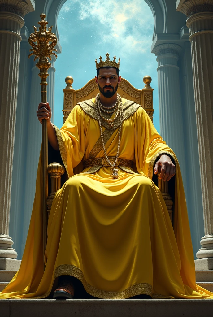a man dressed as a sorcerer, with a long yellow robe, no beard, short black hair, with a setro in his hand, with his crown on his head, perched on a beautiful throne, behind him he has an open portal to another dimension.