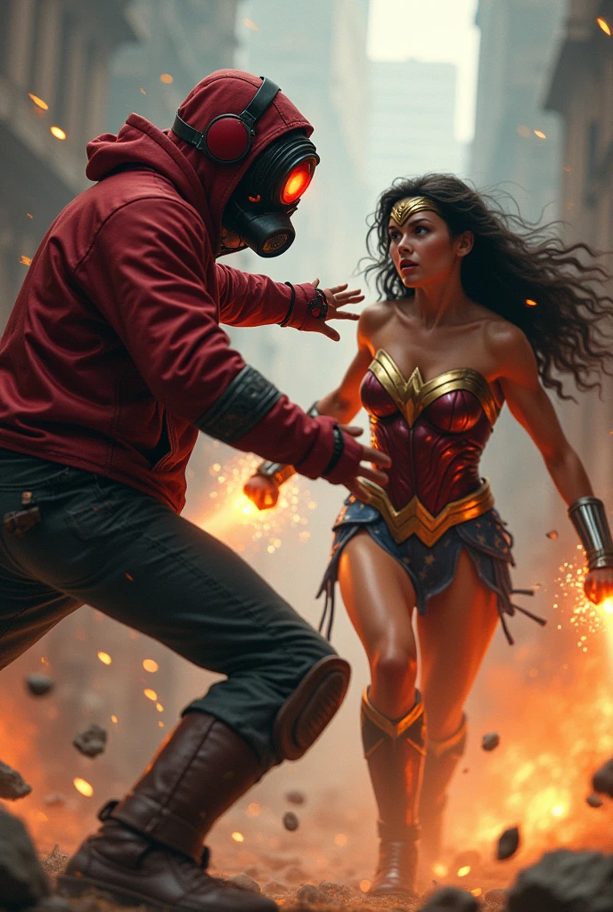 Young ??? with red hoodie, headphones, star-lord helmet, gas helmet, covered mouth, round red eyes, Red eyes, magic rings in the hands and rocket boots, Vs, wonder woman, big breasts, Fighting, power, fiction, full body, hight, fire in boots, poweful spells, realistic, 2 person, fly