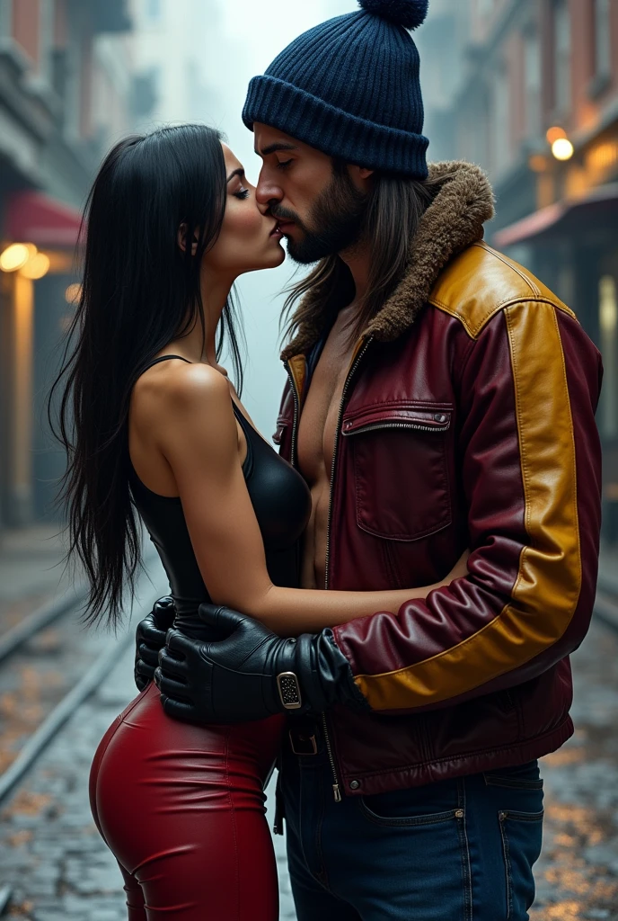 Create an image where a short, slim girl with wide hips dressed in a black and red leather jumpsuit has black straight hair down to her shoulders, is kissing a boy who is wearing a winter hat without a pompom, is much taller and muscular, dressed in a leather outfit in burgundy, blue and yellow, the guy is without facial hair and the hat should be dark blue and his hair should reach his chest.
The girl has shoulder-length hair and the boy has NO FACIAL HAIR