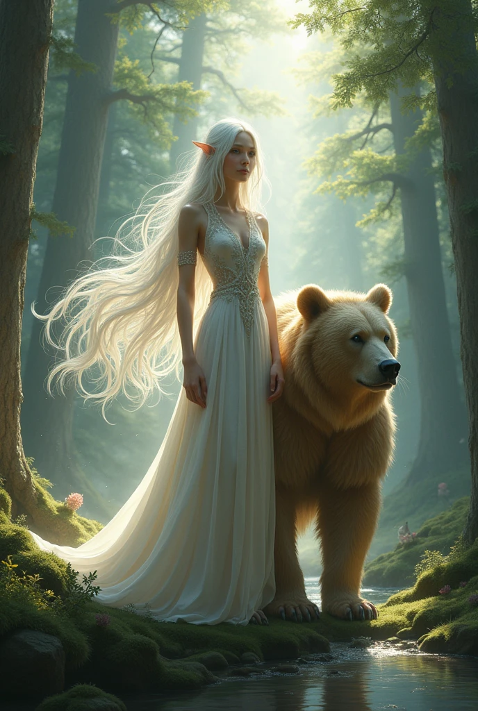 Create an elf with white hair and a bear