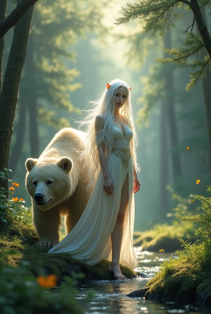 Create an elf with white hair and a bear
